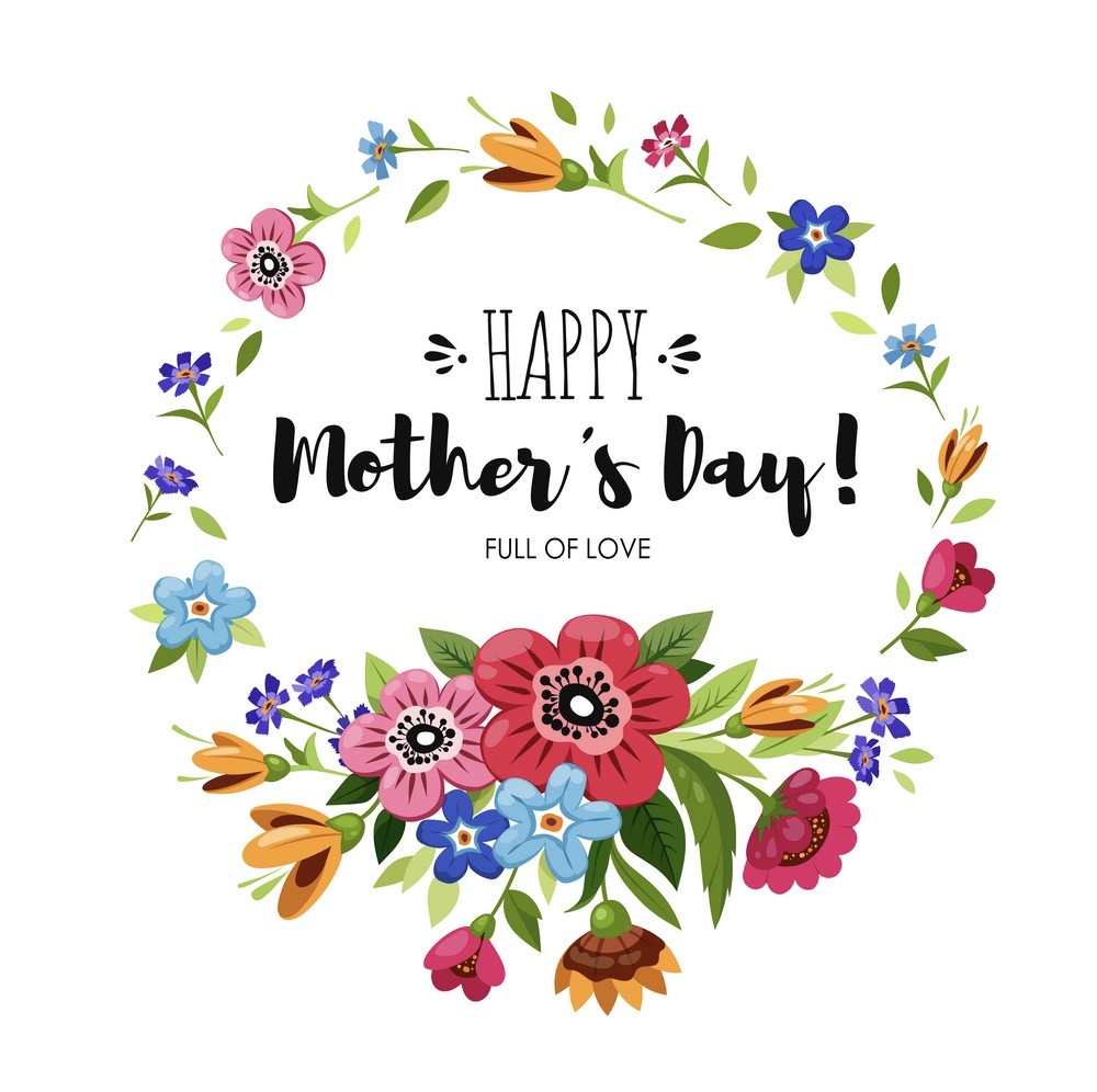 Happy Mothers Day card with round flowers frame